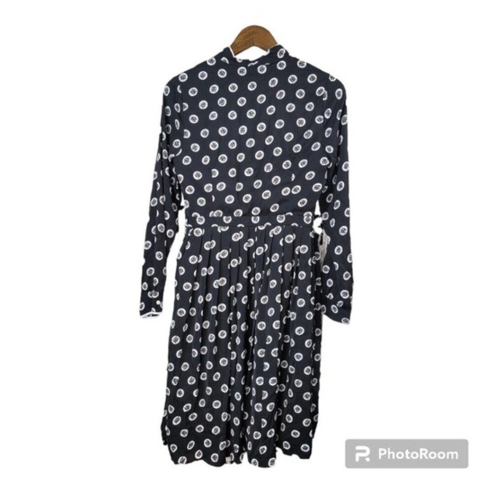 ModCloth Pleated Fit Flare Longsleeve Midi Dress Tie neck Black White Floral - Picture 4 of 12
